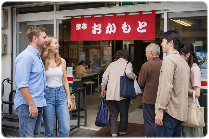 京だし巻きおかもと東寺本店の店頭イメージと来店の様子