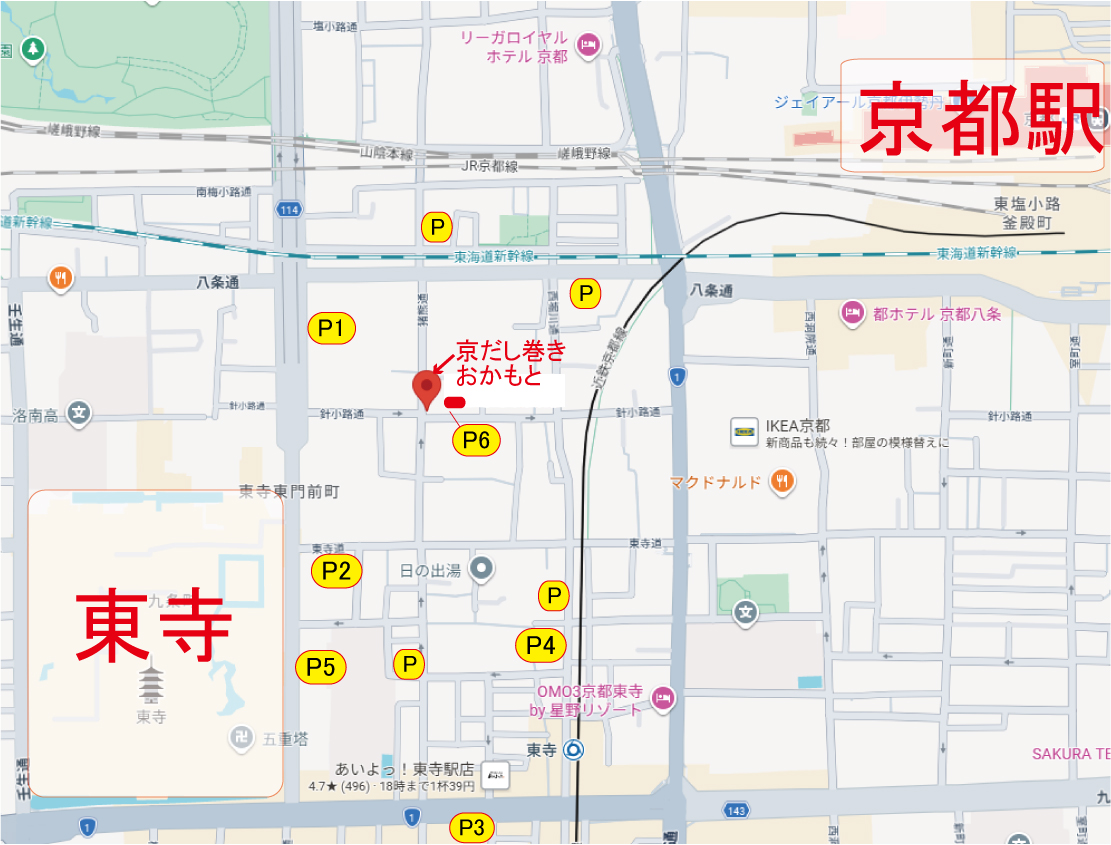 東寺本店と周辺駐車場P1からP6の位置案内図